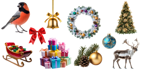 Set of various Christmas objects isolated on a transparent background PNG: bullfinch, Christmas tree, Christmas wreath, bell, Santa's sleigh, gift boxes, reindeer, Christmas ball