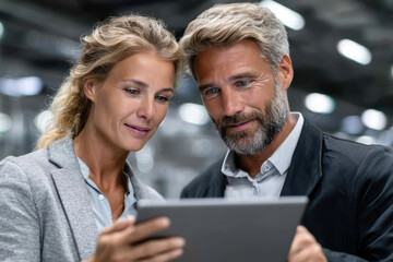 Business professionals discussing ideas while using a tablet in a modern office setting