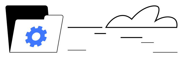 Open folder with gear symbol and abstract cloud connected by motion lines. Ideal for data transfer, cloud storage, file sharing, automation, digital organization, technology, simple flat metaphor