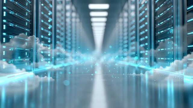 Illuminated Servers in Modern Data Center Showcase Advanced Cloud Computing Technology, Enhancing Atmosphere with Digital Clouds for Seamless Data Connectivity and Innovation