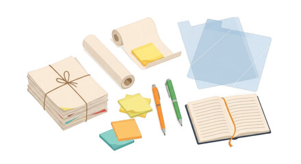 Assorted stationery and office supplies with notebook, envelopes, and sticky notes isolated on transparent background