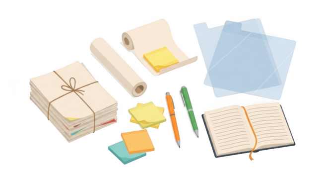 Assorted stationery and office supplies with notebook, envelopes, and sticky notes isolated on transparent background