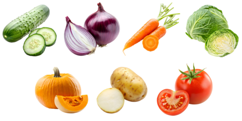 Set of ripe, varied vegetables isolated on a transparent background PNG: potatoes, cabbage, onions, carrots, cucumbers, pumpkins, and tomatoes