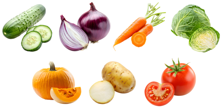Set of ripe, varied vegetables isolated on a transparent background PNG: potatoes, cabbage, onions, carrots, cucumbers, pumpkins, and tomatoes