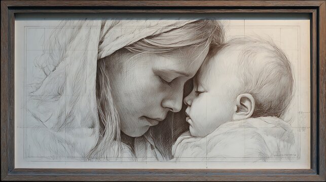 Drawing of a mother and baby with a frame in a close up artistic style - Powered by Adobe