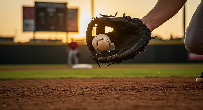 Baseball player catches ball in glove on field at sunset