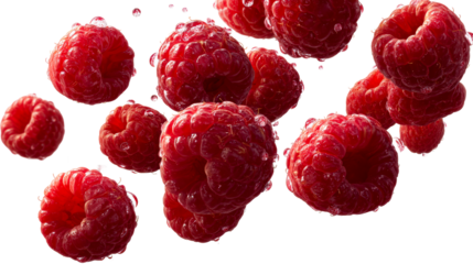 Fresh Ripe Raspberries with Water Droplets Falling