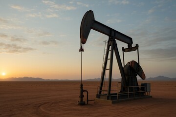 Oil pumpjack in desert landscape at sunrise with soft clouds and distant mountains creating a dramatic industrial energy scene. Ai generative. Ai generative