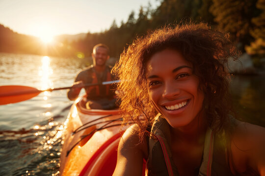 Sunset Kayaking Couple Selfie: Joyful Woman in Orange Kayak Enjoying Golden-Hour Lake Paddle with Partner in Background