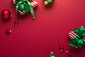 Merry Christmas and Happy Holidays greeting card, frame, banner. New Year. Red Christmas ornaments...