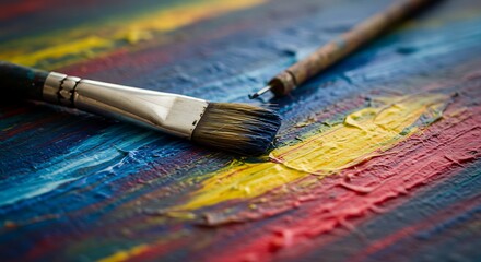 Fototapeta premium Paintbrushes lie on a vibrant canvas with streaks of blue, yellow, and red paint