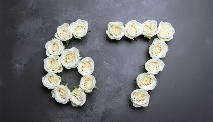 Number 67 made out of white roses with black background. Photo for birthday or anniversary party
