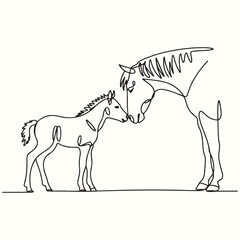 Minimalist Continuous Line Drawing of a Mother Horse Nuzzling Her Foal in a Tender Embrace