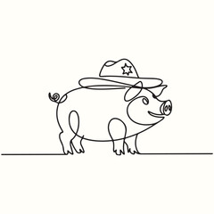 Whimsical Pig in a Cowboy Hat A Charming Line Art Illustration for Western Themes and Farm Fun