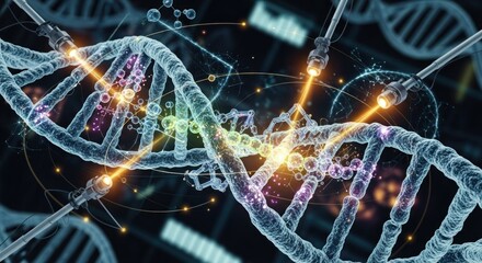 DNA strands with molecular structures and glowing elements.