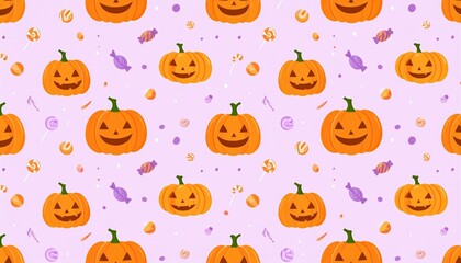 Bright Halloween Themed Pattern Featuring Smiling Pumpkins, Candy, And Lollipops Scattered Across A Soft Lavender Background