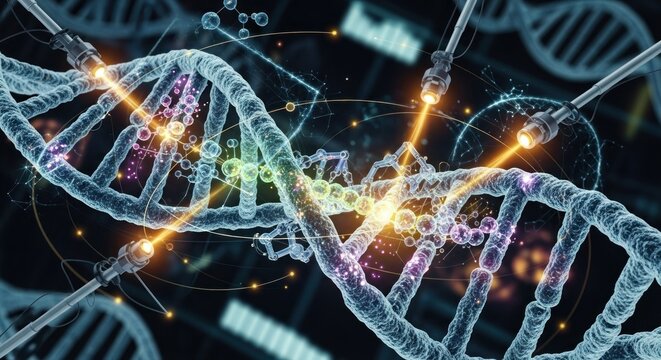 DNA strands with molecular structures and glowing elements.