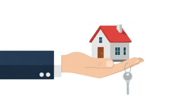 Hand holding small house with keys symbolizing real estate or home ownership, isolated on transparent background