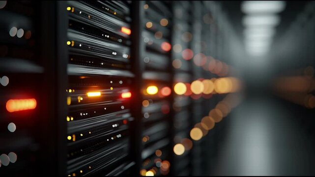 Powerful data center server rack with glowing network light. Futuristic cloud technology for big data storage and intense processing tasks - Powered by Adobe