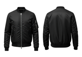 A black bomber jacket displayed from the front and back on black background