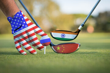 Conceptual image symbolizing global economic pressure. Golf scene with USA, Russia, China, and India flags representing strategy, influence, and international relations.