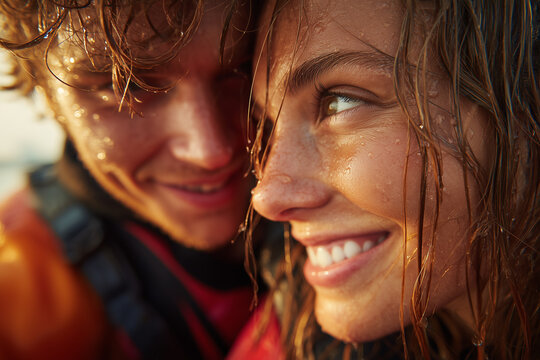 Sunlit close-up of a happy wet couple smiling after a water adventure — intimate summer romance and joyful connection