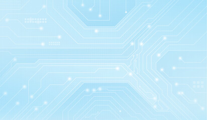 Abstract circuit board pattern with white line traces on light blue tech background - digital network connections and glowing nodes. Modern electronic technology design for innovation or computing.