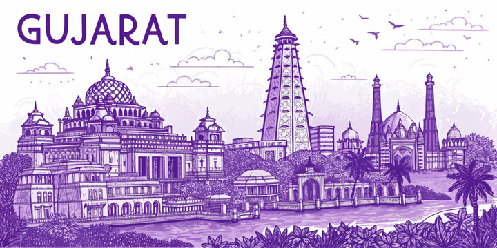Gujarat Skyline Drawing with Cultural Touch, Showcasing Sabarmati Ashram, Rani ki Vav, Modhera Sun Temple, and Vadodara Palace for Travel Brochures and Posters