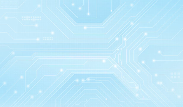 Abstract circuit board pattern with white line traces on light blue tech background - digital network connections and glowing nodes. Modern electronic technology design for innovation or computing.
