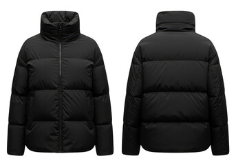 A black puffer jacket displayed on a black background front and back