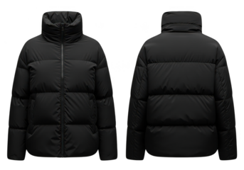 A black puffer jacket displayed on a black background front and back