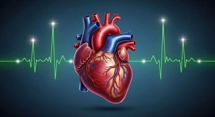 A human heart with a green heartbeat line on a blue background.