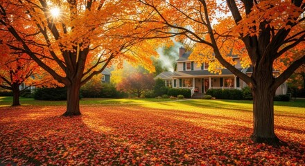Autumn leaves falling from trees in a suburban neighborhood