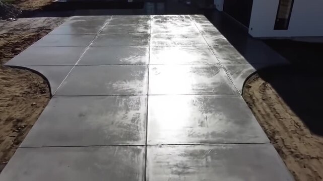 Newly poured wet concrete driveway with control joints and curved edges reflecting sunlight.