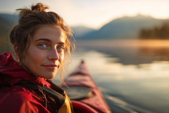 Sunset Kayak Portrait — Young Woman Smiling in Red Jacket on a Calm Mountain Lake at Golden Hour, Embracing Outdoor Adventure and Serenity - Powered by Adobe