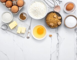 Baking Ingredients Displayed on a White Marble Surface with Eggs Flour Butter Brown Sugar and White Sugar Ready for Preparation