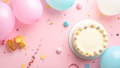 Birthday Celebration Cake with Balloons Confetti and Party Decorations on a Soft Pink Background with Soft Lighting
