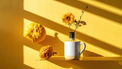 Bright Yellow Abstract Textured Background with Decorative Gourds and Single Sunflower in a White Mug Lit by Dramatic Sunlight and Crisp Shadows Creating a Warm Autumnal Still Life Composition