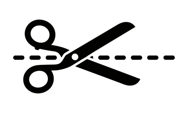 An isolated black icon of open scissors cutting along a dashed line, a vector graphic symbol for coupons, crafts, and instructional guides
