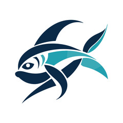 Obraz premium Modern abstract tuna fish logo design in navy blue and teal colors with dynamic swimming motion perfect for seafood restaurant or marine business branding