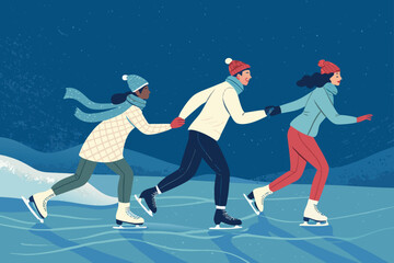 Group of people holding hands while ice skating on a frozen lake.