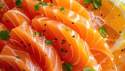 Close Up Macro Shot Of Sliced Raw Salmon Sashimi Garnished With Sesame Seeds Chopped Parsley And Lemon Slices On A White Plate