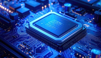 Close Up Of A Computer Processor Chip With Blue Glowing Lights And Intricate Circuit Board Patterns Macro Shot Of Advanced Technology And Digital Innovation