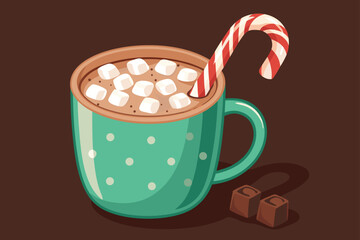 A cozy mug of hot cocoa topped with marshmallows and a candy cane.
