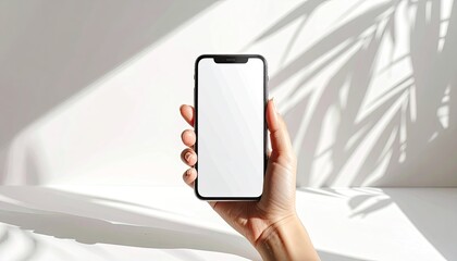 Close Up Of A Hand Holding A Smartphone With A Blank White Screen In A Bright Studio With Natural Light And Shadow Patterns From Palm Leaves On A White Background