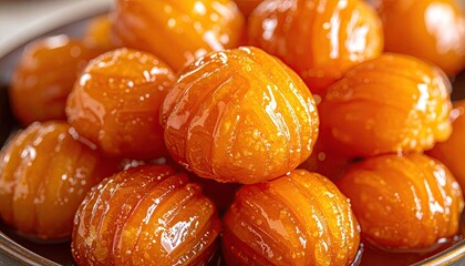 Close-up professional daylight image of golden Indian badam halwa almond dessert balls glistening with sweet syrup served in a rustic bowl on a dark textured surface detailed texture and rich color