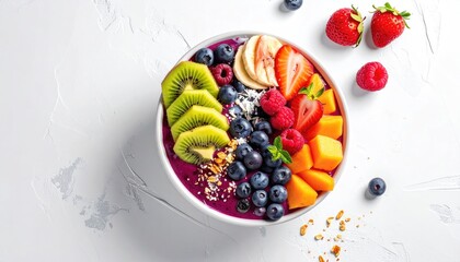 Colorful fruit smoothie bowl topped with fresh berries kiwi banana and mango slices arranged artfully on a white background with scattered fruit and edible glitter for a vibrant healthy breakfast meal