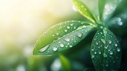 Fototapeta premium Raindrops glisten on fresh green leaves in a sunlit garden during early morning hours