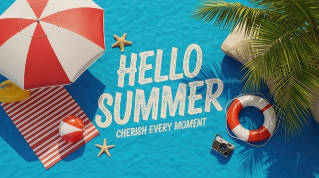 Hello summer beach scene with umbrella towel and life ring