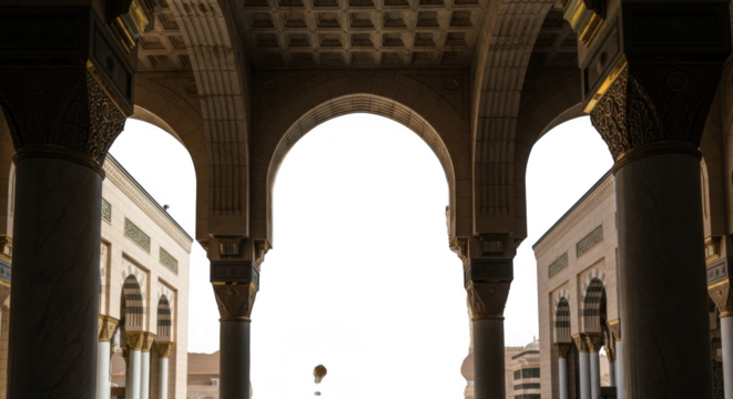 Majestic architectural arches with intricate designs in a historic building interior isolated on transparent background